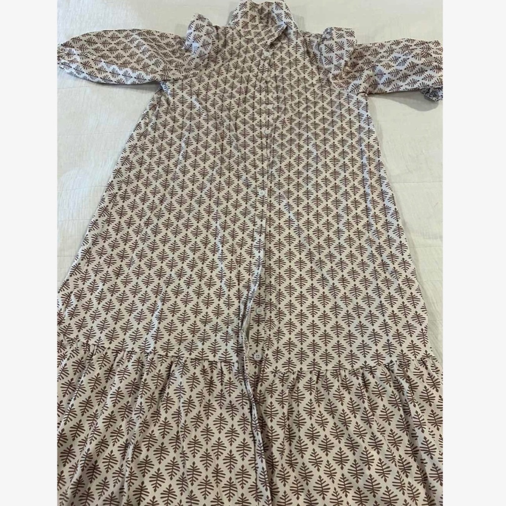 Printed Dress Lantern Sleeve Button Up White Tan - Picture 7 of 8